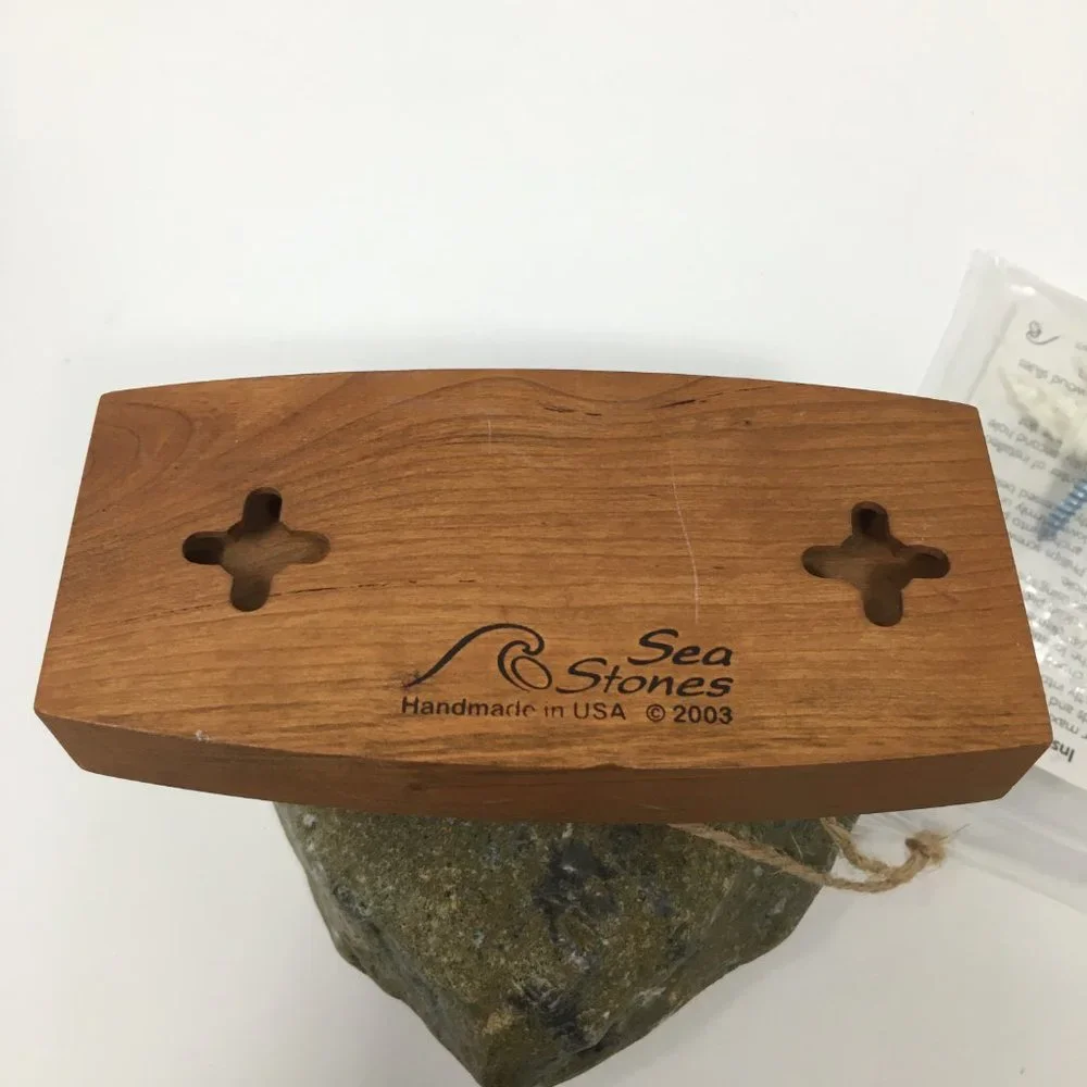 Sea Stones Coast Hook Natural Stone Coat Towel Hook on Cherry Wood Backplate